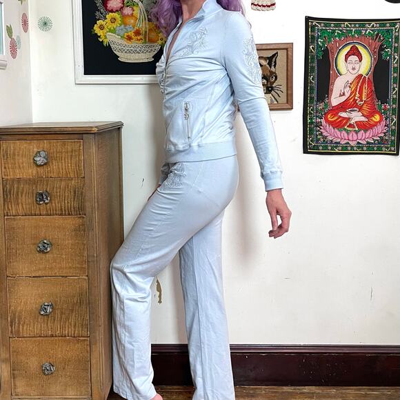 Vintage Vertigo Track Suit, y2k Baby Blue Stretch Knit Pants & Jacket Sz M - Picture 8 of 11